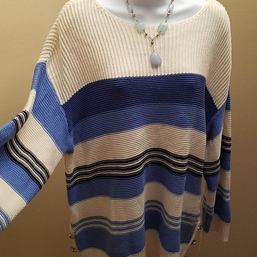 Charter Club Knit Sweater Buttons Blue Ivory Striped Round Neck size Large